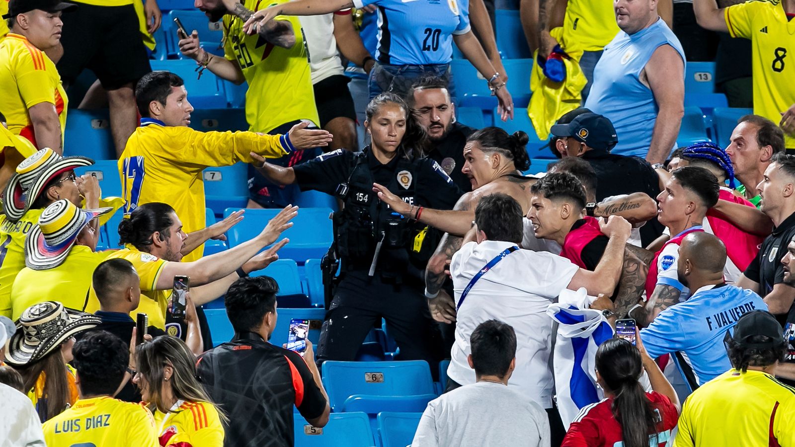 Uruguay players stepped into the stands to deal with an altercation with Colombia supporters